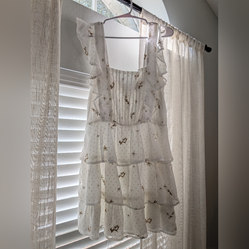 Adelyn Rae Ivory Chiffon Dress with Gold Embroidery